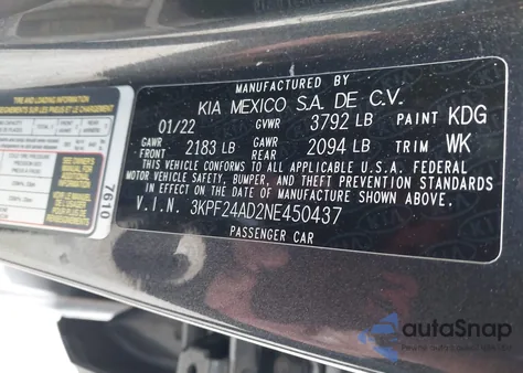 2022 Kia Forte Lxs z USA, uszkodzony, nr VIN 3KPF24AD2NE450437